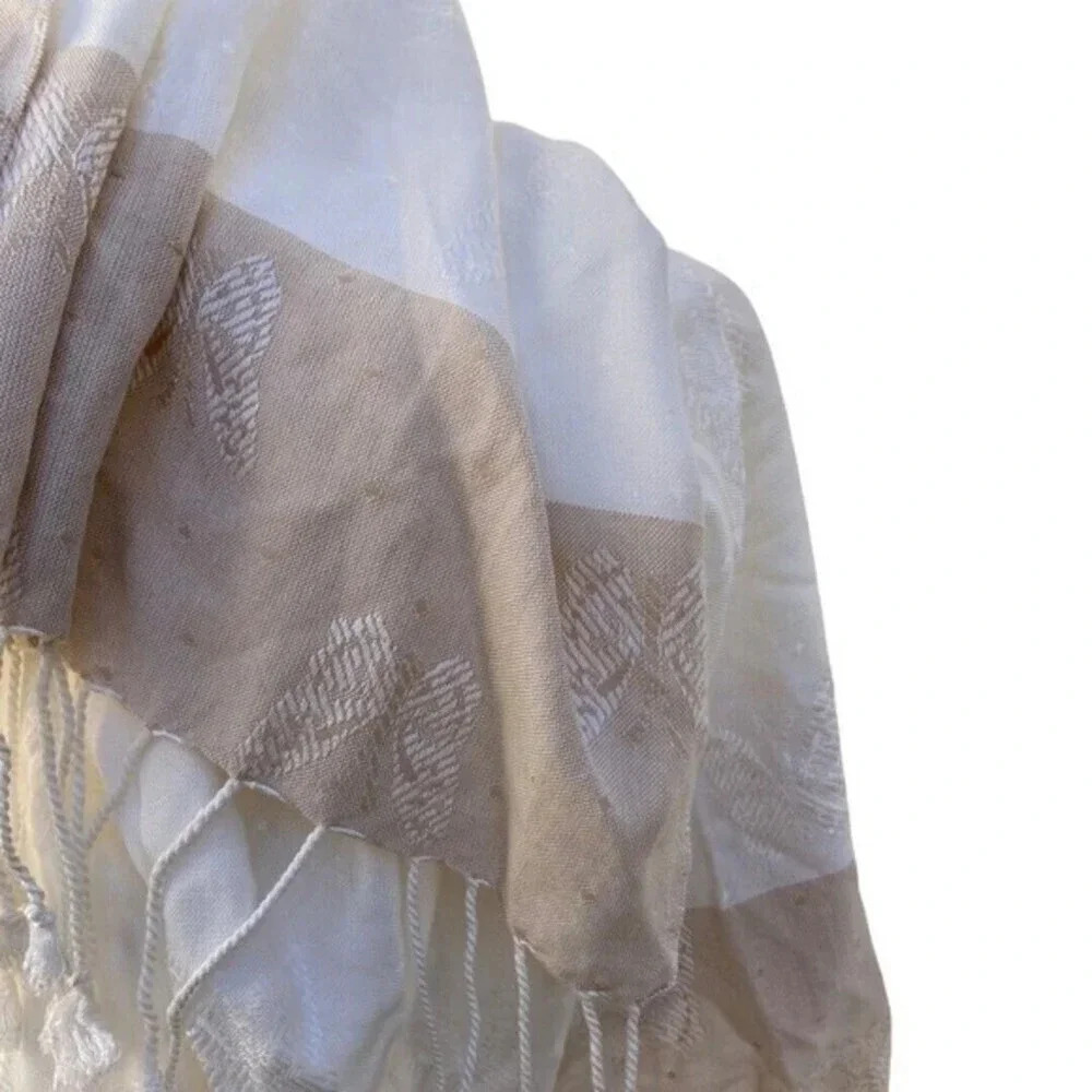 Textured Scarf Fringed Shawl Butterfly‎ Design Neutral Cream 70 x 36 inch​​ - Picture 2 of 6